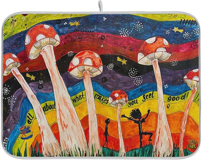 Absorbent Dish Drying Mat for Kitchen Counter - Cute Little Mushroom Microfiber Drying Pad, Reversible Drainer Mats for Countertop, Small 16 x 18 inch