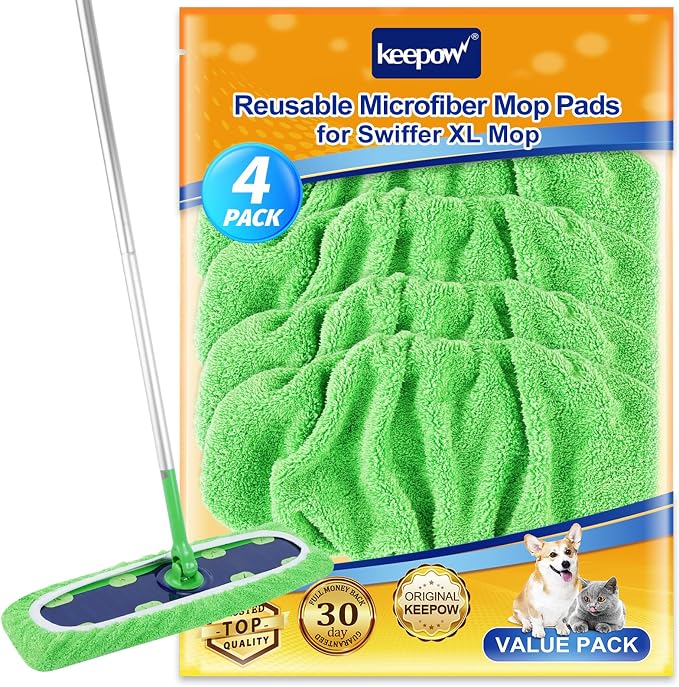 KEEPOW Reusable Mop Refill Pads Replacement Compatible with Swiffer XL, XL Wet Refills for Hardwood Floor Cleaning,4 Pack