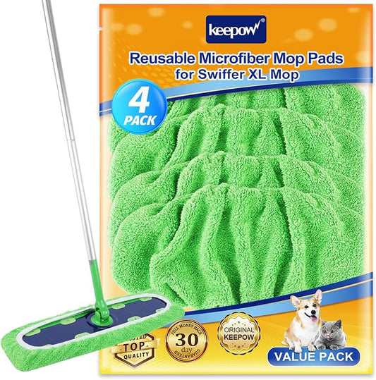 KEEPOW Reusable Mop Refill Pads Replacement Compatible with Swiffer XL, XL Wet Refills for Hardwood Floor Cleaning,4 Pack
