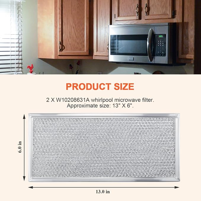 2026 Upgraded W10208631A Microwaves Grease Filter Approx. 13" x 6" by Beaquicy - Replacement for Whirlpool GE Microwaves - Pack of 2