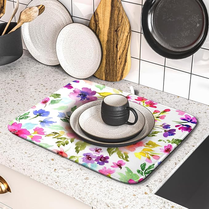 Spring Floral Dish Drying Mat for Kitchen Counter Flower Microfiber Absorbent Dish Draining Reusable Washable Foldable 16"x18"
