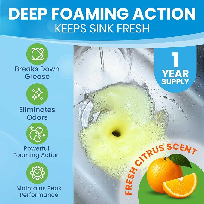 Garbage Disposal Cleaner Deodorizer Tablets – 24 Pack XL Foaming Citrus Cleaning Tablet - Sink Drain Disposer Garburator Freshener Odor Eliminator Grease Remover Septic Safe - 1 Year Supply