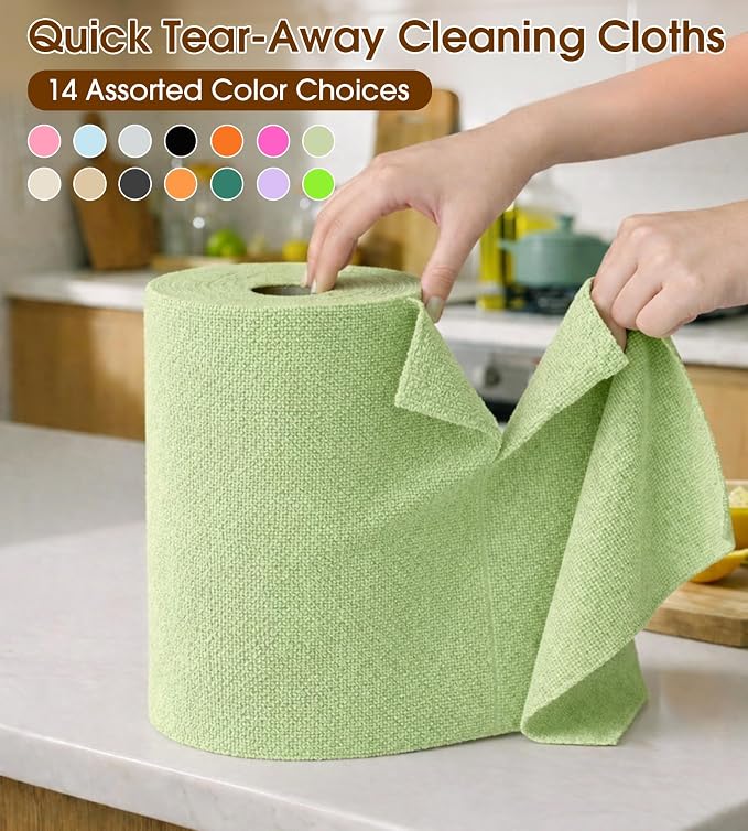KitchLife Microfiber Cleaning Cloth Roll, 100 Pack - Tear-Away Microfiber Paper Towels, Lint-Free, Reusable, Washable for Kitchen, Car, Dishes, and Sensitive Surfaces (Bean Green)