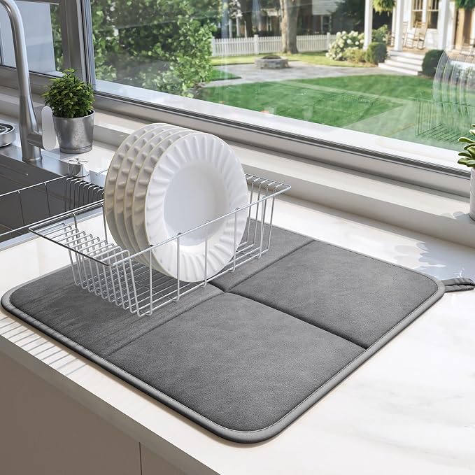 YDKGL 2 Pack PU Leather Dish Drying Mat for Kitchen Counter, Ultra Absorbent & Fast Drying Dish Mat Machine Washable Foldable Drying Pad for Countertops, Sinks, Draining Racks
