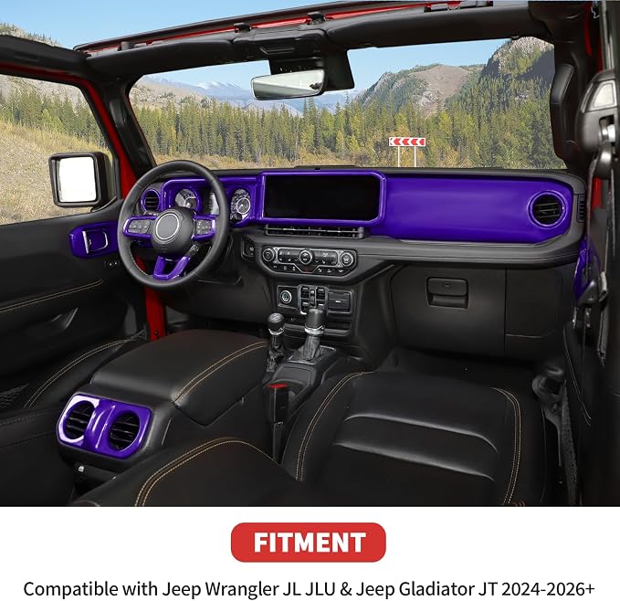21PCS Full Set Interior Trim Kit for 2024-2026+ Jeep Wrangler JL JLU & Jeep Gladiator JT, Dashboard Side Outlet Door Handle Bowl Headlight Switch Roof Reading Light Cover (Purple)