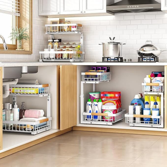 PXRACK Under Sink Organizer, Adjustable Height, 2 Tier Pull Out Under Cabinet Organizer, Slide Out Thickened Metal Under Sink Storage for Kitchen Bathroom Laundry Pantry Cabinet, White, Large-2-Pack