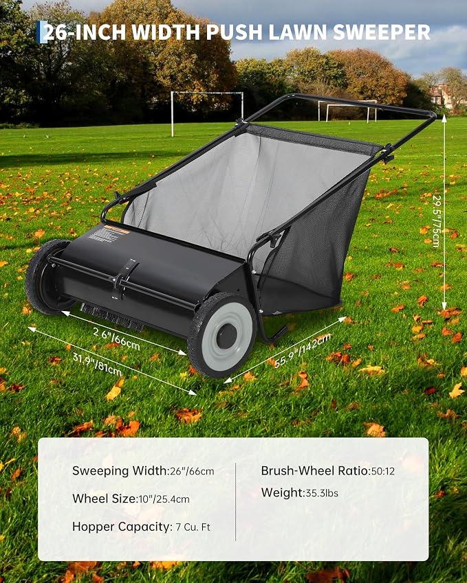 26-Inch Push Lawn Sweeper,7 Cu. Ft. Large Capacity Collection Bag,4 Spinning Brushes, Adjustable Height, Durable Steel Frame with Rubber Wheels, for Grass, Leaves & Debris Collector on All Terrains