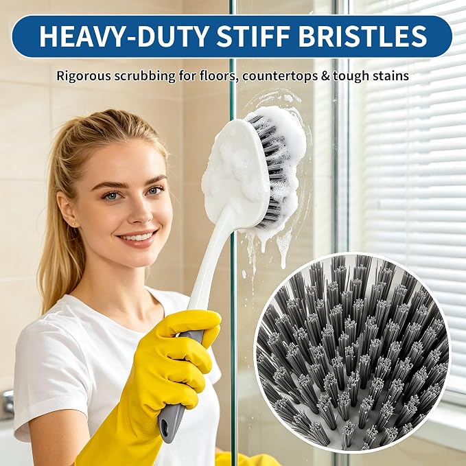 3PCS Heavy Duty Scrub Brush Set - Shower Cleaning Brushes for Bathroom | Corner brush with scraper, V-shape grout brush & stiff scrubber. For grout, tracks, crevice, shower, tub & floor.