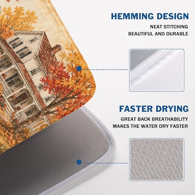 Fall Pumpkin Dish Drying Mat for Kitchen Counter Thanksgiving Autumn Harvest Pattern Microfiber Dish Drainer Mat Vintage Rustic Farmhouse Absorbent Washable Drying Pad 18"x24"