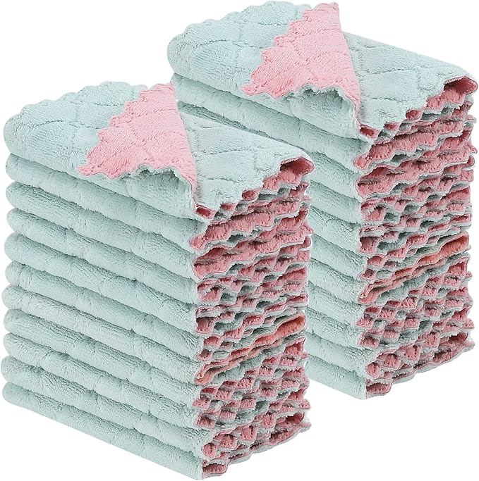 22 Pack Kitchen Dish Cloths, Reusable Dish Towels, Nonstick Oil Washable Fast Drying, Super Absorbent Coral Velvet Cleaning Cloths for Cleaning Tableware, Kitchen, Bathroom (Pink-green-10" x 6")