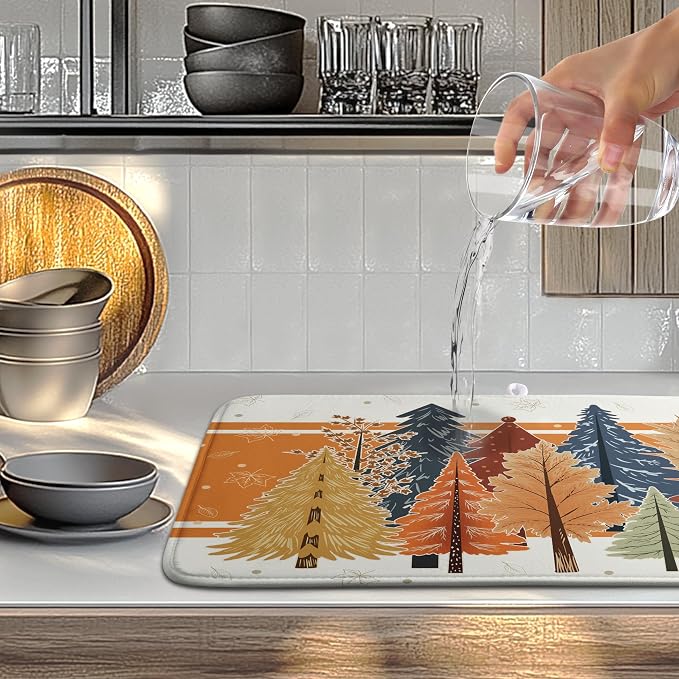 Fall Maple Tree Dish Drying Mats Thanksgiving Dish Mat Colorful Autumn Drying Matt Dishes Dryer Pad for Kitchen Counter Absorbent Microfiber Washable Foldable Reusable 18x24 in
