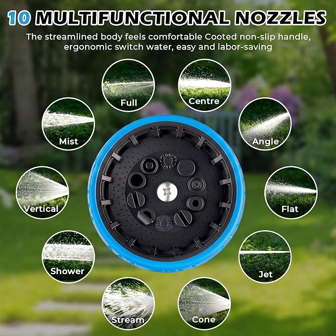Garden Hose Nozzle High Pressure Leak Proof Spray Water Hose Nozzle Sprayer | Thumb Control 10 Spray Patterns On Off Valve Non-Slip Grip Hose Sprayer Nozzle for Plants & Lawns Watering,Car&Pet Washing