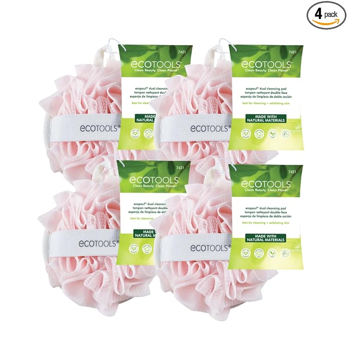 EcoTools EcoPouf Dual Cleansing Pad, Gentle Cleansing Body Scrubber, Exfoliating for Shower & Bath, Pink, 4 Count