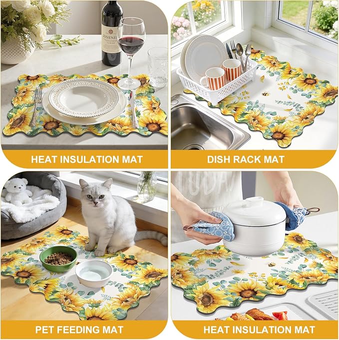 LOKHOM Scalloped Floral Dish Drying Mat, 12"x20" Super Absorbent Coffee Mat with Watercolor Yellow Sunflowers, Cuttable Hide Stain Non-slip Drying Mat for Kitchen Counter Coffee Maker Espresso Machine
