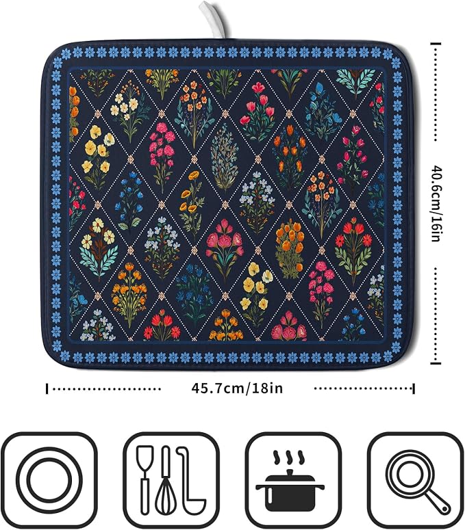 Lapis Blue Dish Drying Mat for Kitchen Counter Flowers Microfiber Absorbent Dish Draining Reusable Washable Small