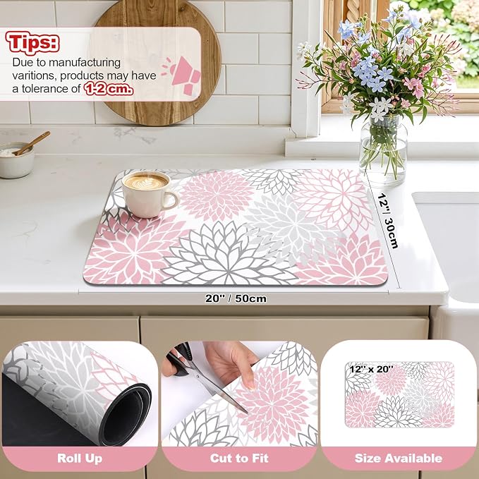 Findosom Dish Drying Mat, 12" x 20" Super Absorbent Dish Mat with Floral, Hide Stain Drying Mat for Kitchen Counter, Under Dish Rack, Coffee Maker, Espresso Machine, Pink