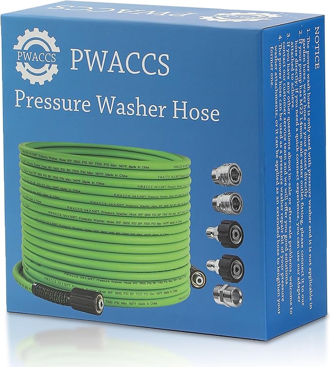 PWACCS Pressure Washer Hose 50 FT x 1/4", Power Washer Hose Kink Resistant | Universal High-Pressure Washing Extension Hoses Replacement, Compatible with M22 Stainless Steel Fittings, 3600 PSI, Green
