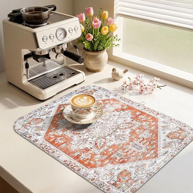 Boho Dish Drying Mat for Kitchen Counter,Vintage Orange Modern Farmhouse Absorbent Microfiber Reusable Washable Non-Slip Dish Drainer Draining Mats Dishes Pad for Kitchen Decor 18x16 Inch