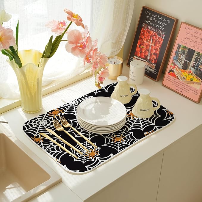 Halloween Dish Drying Mat 18x24 Inch Black Orange Golden Spider Webs Drying Mat Fall Autumn Holiday Absorbent Dish Drying Pad Dish Rack Drainer Mats for Kitchen Dining Counter