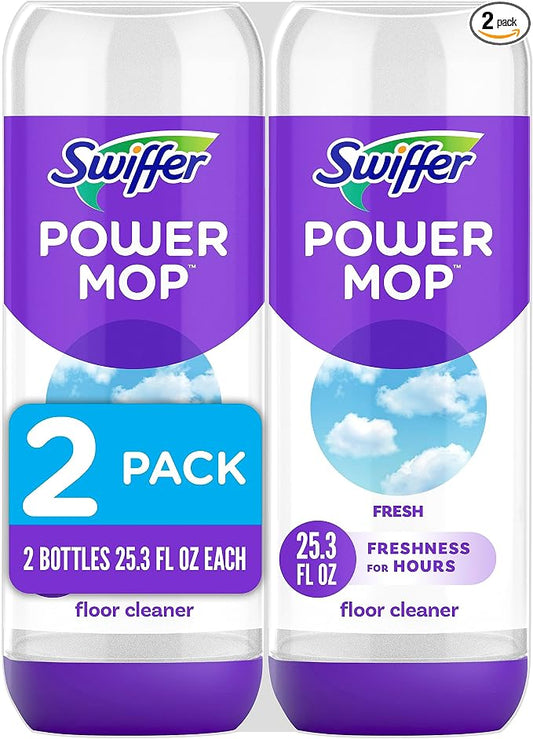 Swiffer PowerMop Liquid Floor Cleaner Refills, Solution for Power Mop, Fresh Scent, 2 Count Mopping Fluid Replacement Bottle, Spray Mops Cleaning Juice, No Bucket Needed, Multi-Surface and Wood
