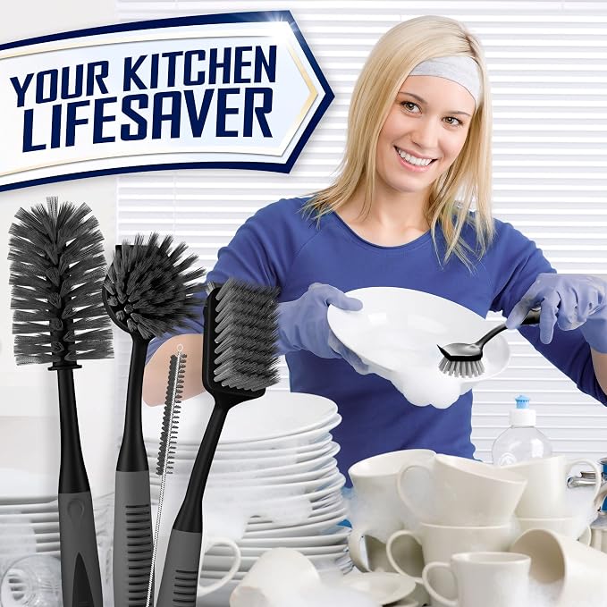 Dish Brush Set of 4 - Kitchen Scrub Brushes with Non-Slip Long Handle for Cleaning, Scrubber, Dishwashing, Dishes, Bottles, Straws, Cups, Pots & Sink, Black