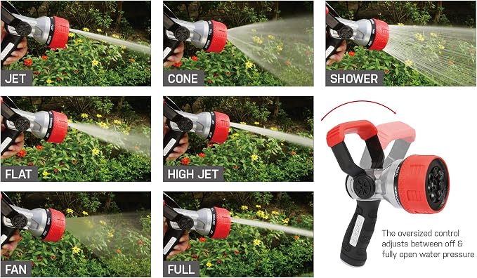 Eden 96806 Heavy-Duty Metal Fireman Hose Nozzle | 7 Spray Patterns, High-Pressure Garden Sprayer with Quick Connect Set & Bonus Washers