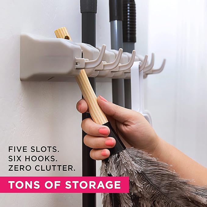 Broom Holder Wall Mount, Mop and Broom Organizer – Wall Mounted Broom Rack & Mop Rack, Rack for Brooms and Mops | Broom Hanger Wall Mount with 5 Slots & 6 Hooks, Kitchen Garage Laundry Garden (Beige)