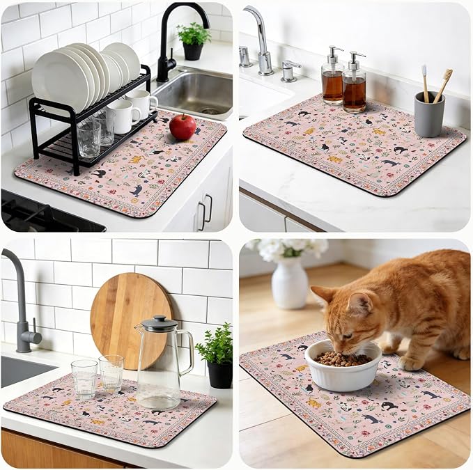 Dish Drying Mat, Vintage Rustic Boho Kitchen Dishes Absorbent Pad, 18x24in | Eco-friendly diatomite with non-slip rubber backing. Super absorbent mat for kitchen counters, coffee bars & sinks