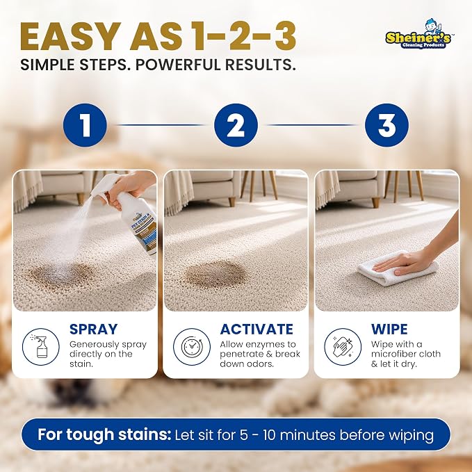 Sheiner's Pet Stain Remover & Pet Odor Eliminator, Advanced Cleaning Bio-Enzyme Cleaner Solution for Carpets, Rugs, Upholstery & Multi-Surfaces, Safe for Pets & Kids. (32 oz)