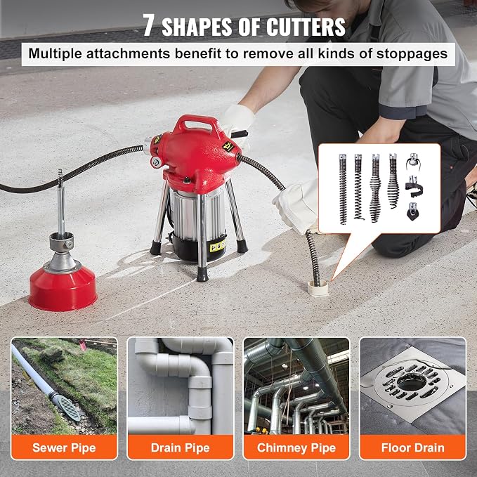 VEVOR Drain Cleaner Machine 66FT x 5/8 Inch, 250W Electric Sewer Snake Auger with 2 Sectional Steel Cables (66' x 5/8" and 15' x 3/8"), 7 Cutters and CW/CCW Control for 1.6" to 4" Pipes