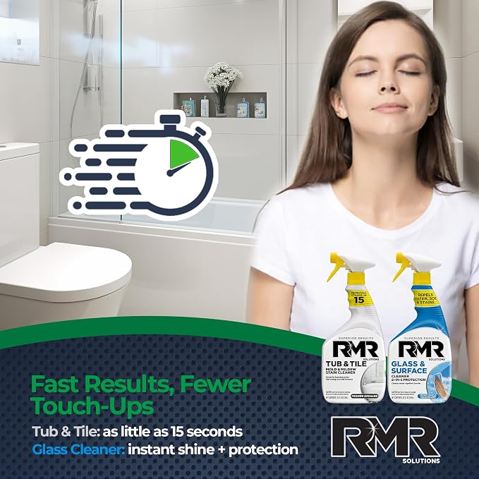 RMR Flawless Finish Bathroom Bundle – Tub & Tile Cleaner + Glass & Surface Cleaner Plus Repellent, 2-Step System for Shower, Tub, Tile, Grout, Glass Doors, & Mirrors, 2–32 Oz Bottles