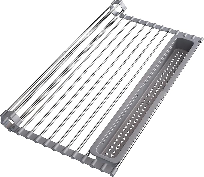 JASIWAY Roll Up Dish Drying Rack, Expandable (12.8"-23.8" D x 15.5" W) Stainless Steel Portable Drainer for Kitchen Sink Counter, Foldable Over The Sink Cover with Removable Utensil Holder, Gray
