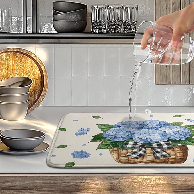 Spring Hydrangea Dish Drying Mats Spring Summer Floral Dish Mat Blue Flowers Butterfly Drying Matt Dishes Dryer Pad for Kitchen Counter Absorbent Microfiber Washable Foldable Reusable 18x24 in