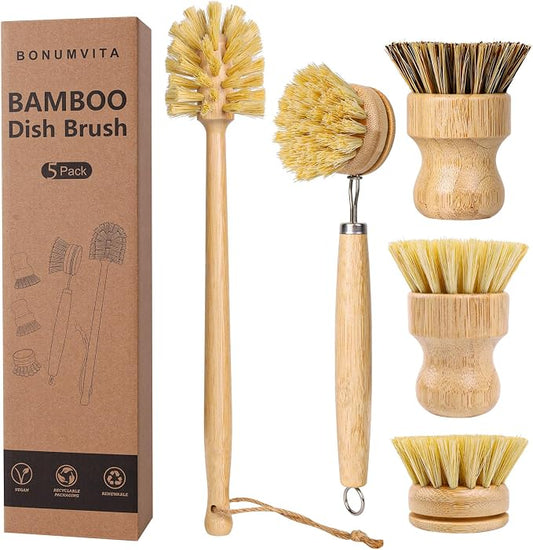 5 Pack Bamboo Dish Brush Set, Wooden Dish Brush with 14’’ Bottle Brush, Natural Kitchen Scrub Brush for Dishes Pots, Pans, Sinks, Woks, Vegetables