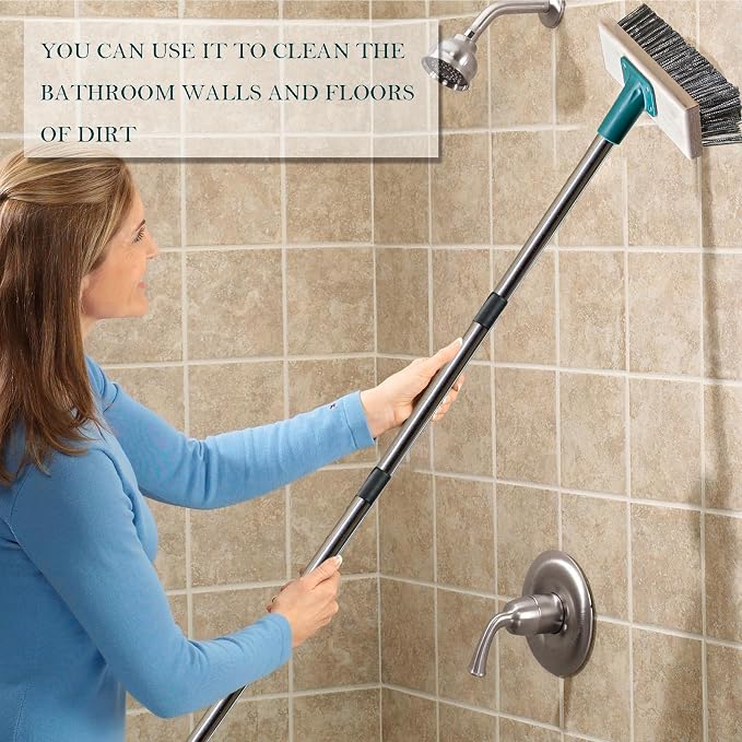 Push Broom Brush Stainless Steel Wire Scrub Brush with Long Handle for Moss, Tough Stains on Deck, Grout, Garage, Patio