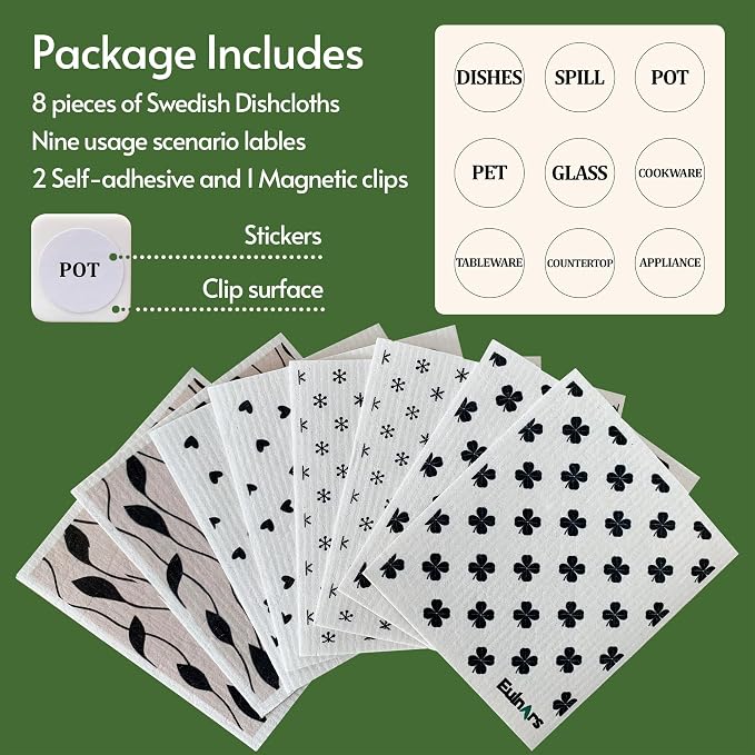 Eulnars Reusable Paper Towels, 8-Pack Swedish Dishcloths for Kitchen with 3 Clips, Black White, Cotton, 200 Washes
