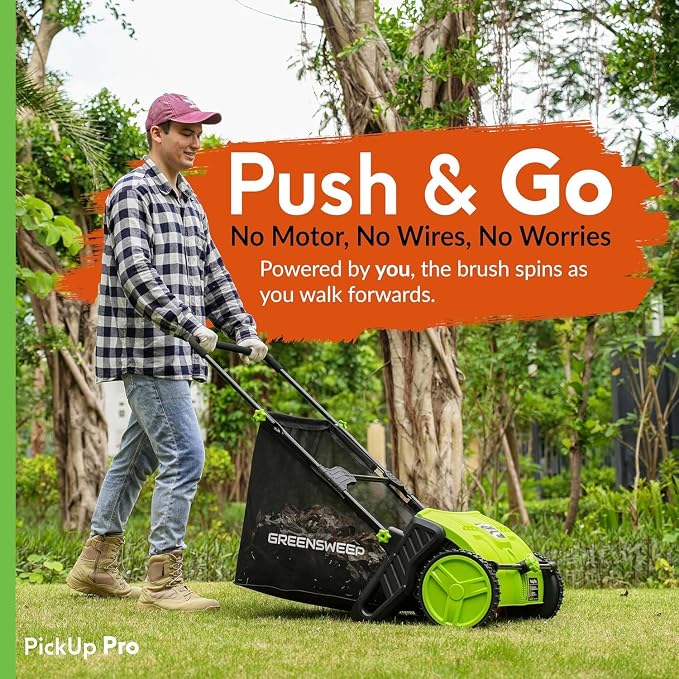 GreenSweep Pickup Pro V26 with AntiLock Drive – Push Lawn Sweeper for Leaves, Grass Clippings & Garden Debris – Large Capacity Hopper