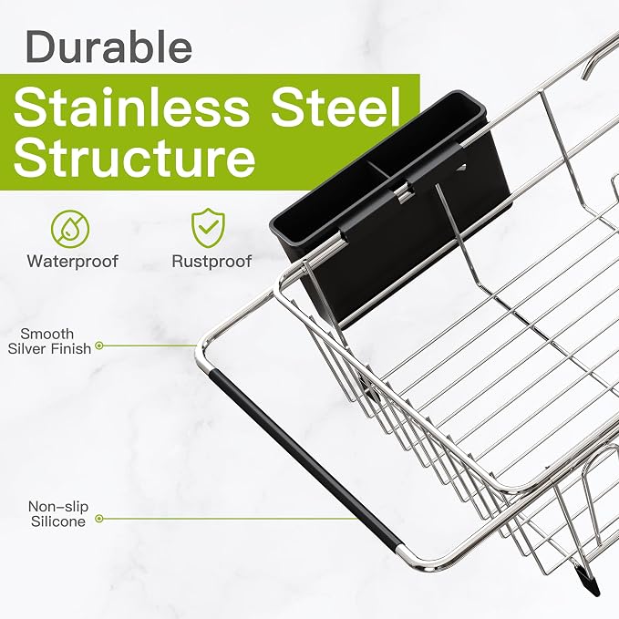 JASIWAY Dish Drying Rack in Sink with Mat, Expandable Stainless Steel Dish Drainers for Kitchen Counter, Space Saving Dish Dryer Rack for Inside Sink, Over Sink Dish Racks with Utensil Holder