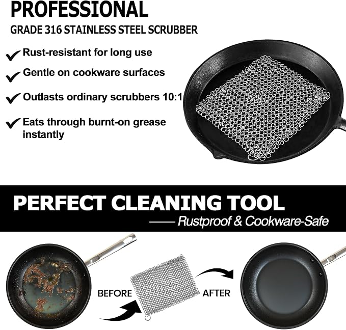TOPULORS Cast Iron Chainmail Scrubber, 316L Stainless Steel Cleaner 8x6 in | Effectively Removes Residue Without Damaging Cast Iron Seasoning, Suitable For Skillets, Griddles, Grills, And Cookware