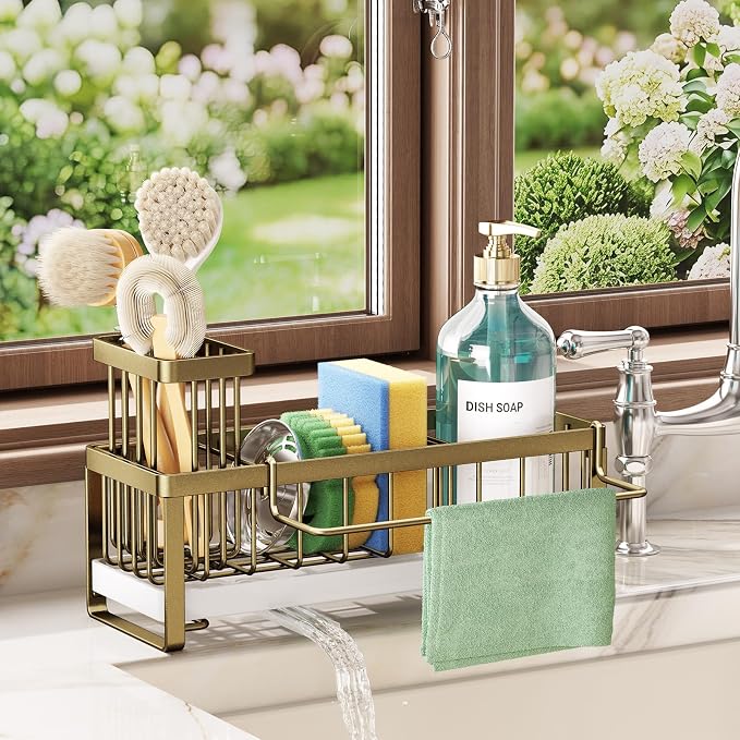SWTYMIKI Sponge Holder for Kitchen Sink - Sink Caddy with Brush Holder Self-draining Sponge Caddy Organizer with Divider Stainless Steel Kitchen Accessories Storage for Countertop, Dark Gold
