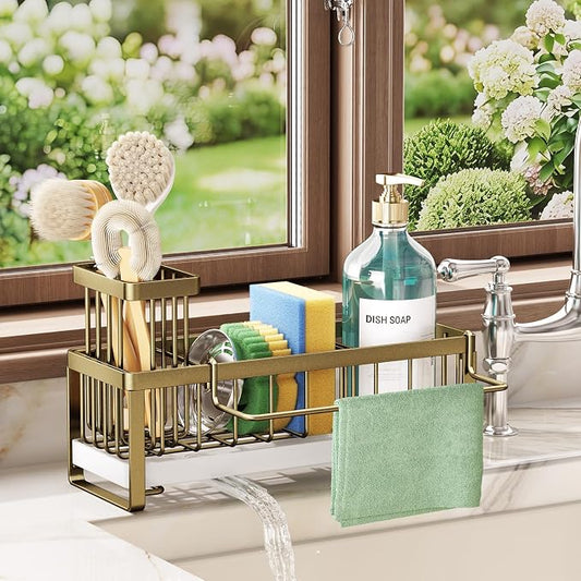 SWTYMIKI Sponge Holder for Kitchen Sink - Sink Caddy with Brush Holder Self-draining Sponge Caddy Organizer with Divider Stainless Steel Kitchen Accessories Storage for Countertop, Dark Gold