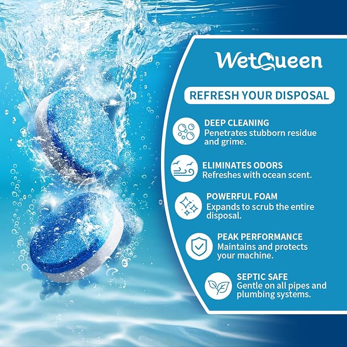 Wetqueen Garbage Disposal Cleaner and Deodorizer Tablets - 24 Pack, Fresh Ocean Scent, Powerful XL Foaming Drain Odor Eliminator, Sink & Garburator Freshener, Deep Cleaning, Septic Safe, 1 Year Supply