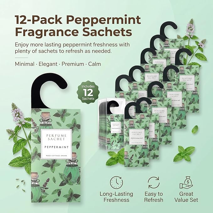Large 12 Packs Peppermint Hanging Scented Sachets Long-Lasting Closet Deodorizer Air Freshener Fabric Refresher Odor Eliminator for Drawer Home Fragrance Gift Set
