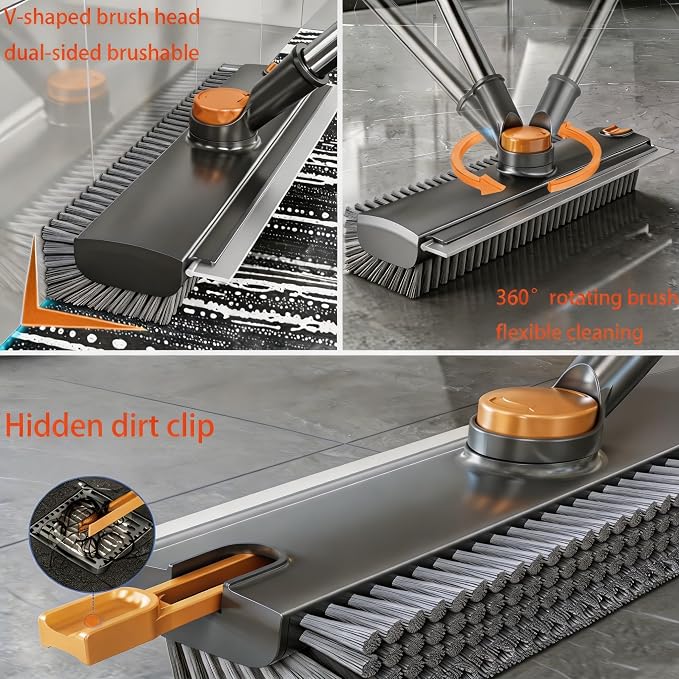 3-in-1 Floor Scrub Brush with Long Handle, Rotating Head Squeegee & Tweezer | Stiff Dual-side Bristle, 50'' Extension Pole, Stainless Steel, Multi-Surface for Shower Tile Patio Kitchen Deck Cleaning