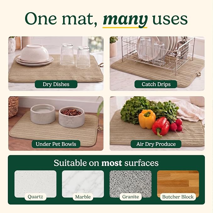Cuisinart Dish Drying Mat for Kitchen Counter - 2-Pack XL 18x24 Ultra Absorbent Microfiber Dish Mat - Fast Drying, Machine Washable, Foldable Countertop Pad - Safe for Granite & Quartz