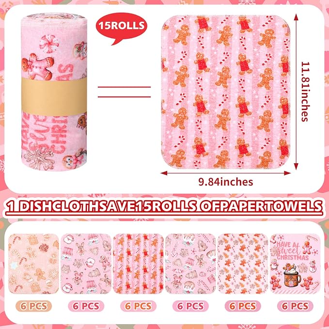 36 Pack Reusable Cleaning Cloths Washable Cotton Kitchen Dish Towels for Home Party Supplies Bulk, 9.84x11.81in (Pink Gingerbread)