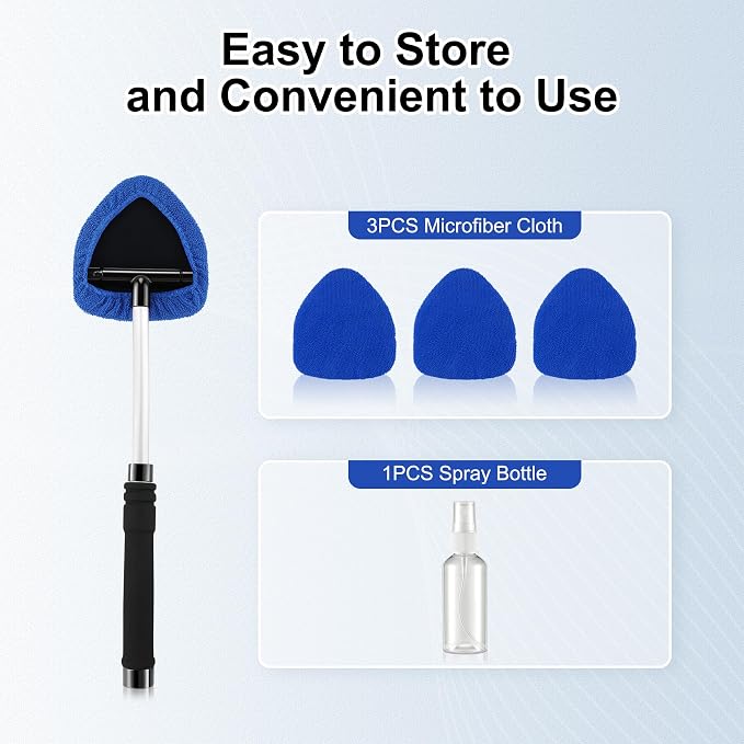 JUSTTOP Windshield Cleaner Tool, Car Interior and Exterior Window Cleaning Kit with Extendable Handle & 4 Reusable Microfiber Pads, Auto Glass Wiper Brush Kit for Car & Home Windows (Blue)