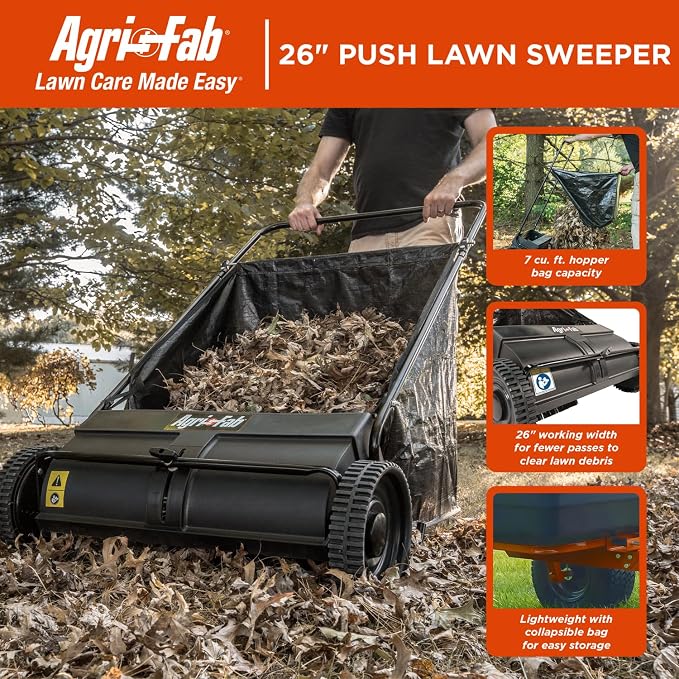 Agri-Fab 26 In Push Lawn Sweeper with 7 Cu Ft Hopper Bag, Adjustable Brush Height, Leaf and Grass Catcher for Small Yards