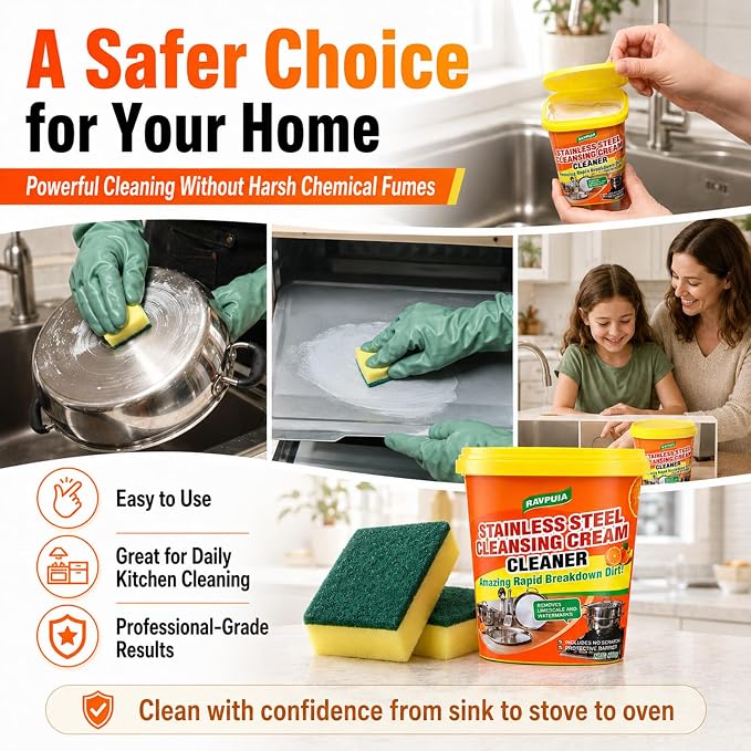 STAINLESS STEEL CLEANER & POLISH - Heavy Duty Cleaning Paste for Stove, Oven, Pans, Cookware, Sink | All Purpose Multi-Purpose Household Cleaner | Removes Grease & Stains | with 2 Sponges (500g)