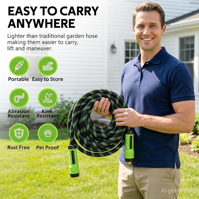 NON-EXPANDABLE Garden Hose 100 FT Water Hose with 10-Function Spray Nozzle | Yard hose Heavy Duty Steel Metal Flexible,Durable Fabric Skin,No Kinks & Leak-Proof with Upgraded Handle hose pipe outside